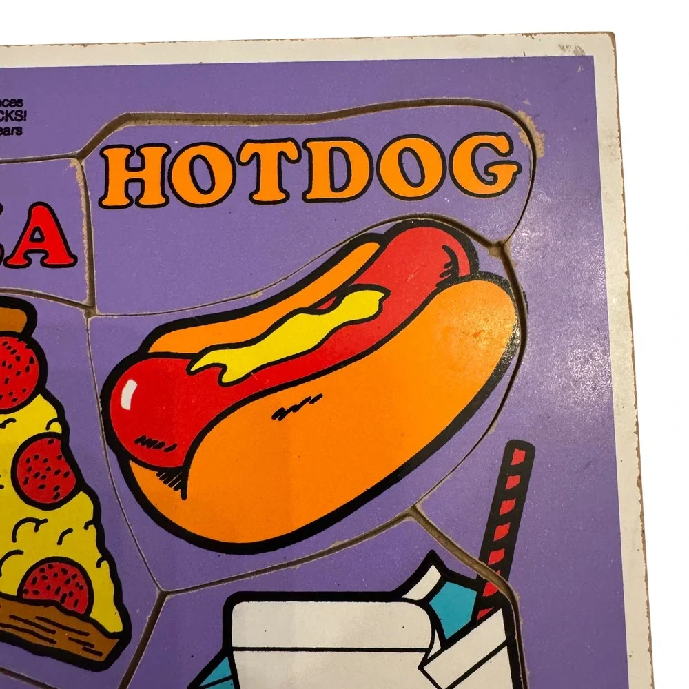 Playskool 1987 Super Snacks Pizza Hotdog Cookies Milk Wooden Puzzle 8‎ Pieces